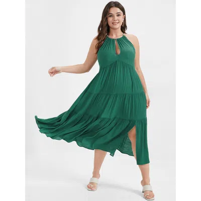 Bloomchic Women's Plus Size Solid Flutter Split Keyhole Ties Halter Neck Midi Dress Green Solid Office 30/6x