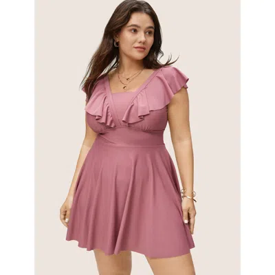 Bloomchic Women's Plus Size Solid Flutter Trim A Line Swim Dress Dustypink Non Non Adaptive-fit 10/m In Pink