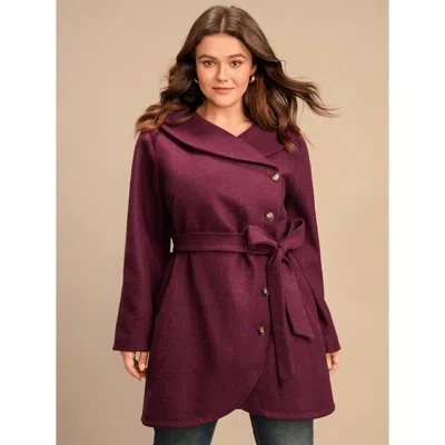 Bloomchic Women's Plus Size Solid Foldover Collar Pocket Asymmetrical Hem Belted Coat Burgundy Cross Straps 14