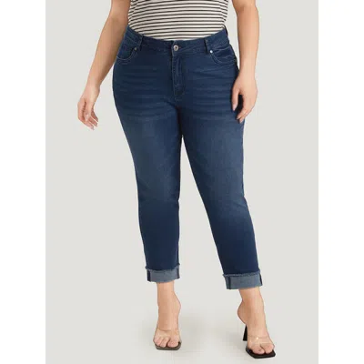 Bloomchic Women's Plus Size Solid Frayed Roll Hem High Rise Jeans Blue Plain Plain High Stretch 30/6x