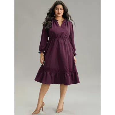 Bloomchic Women's Plus Size Solid Frill Trim Guipure Lace Flutter Sleeve Dress Burgundy Office Plain 30/6x