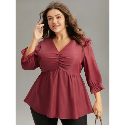 Bloomchic Women's Plus Size Solid Frill Trim Ruched Elastic Waist Blouse Scarlet Festival-christmas 3/4 Sleeve In Red