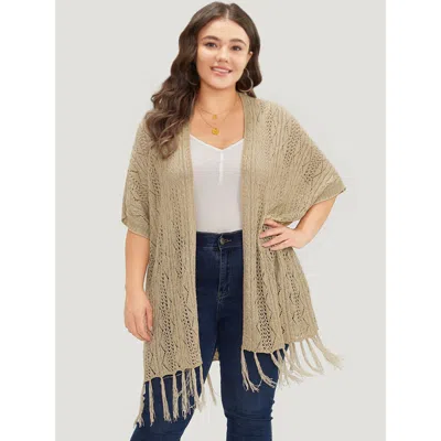 Bloomchic Women's Plus Size Solid Fringe Trim Geometric Eyelet Batwing Sleeve Cardigan Tan Long Sleeve 18-20/2 In Brown