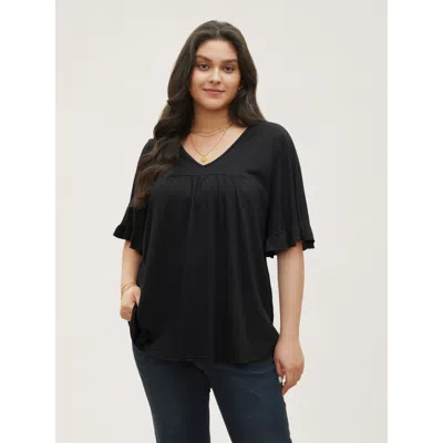 Bloomchic Women's Plus Size Solid Gathered Ruffle Trim Flounce Sleeve T-shirt Black Short Sleeve Casual V-neck