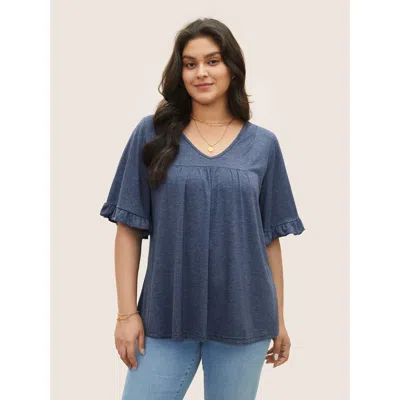 Bloomchic Women's Plus Size Solid Gathered Ruffle Trim Flounce Sleeve T-shirt Blue Short Sleeve Casual V-neck 
