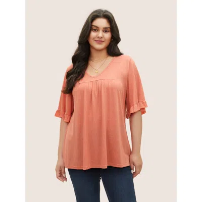 Bloomchic Women's Plus Size Solid Gathered Ruffle Trim Flounce Sleeve T-shirt Coral Short Sleeve Casual V-neck In Orange