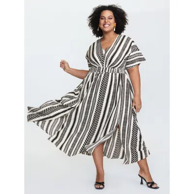 Bloomchic Women's Plus Size Solid Geometric Dolman Sleeve Pocket Shirred Split Hem Dress Beige Ethnic Floral M In Sand