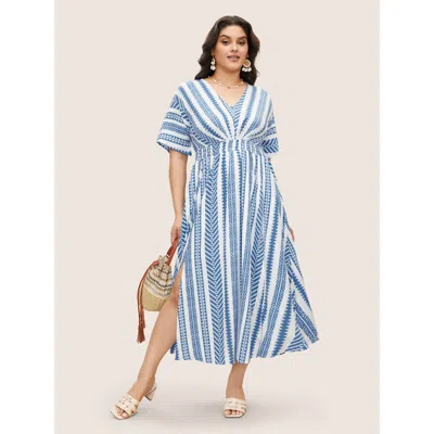 Bloomchic Women's Plus Size Solid Geometric Dolman Sleeve Pocket Shirred Split Hem Dress Blue Ethnic Floral Mi
