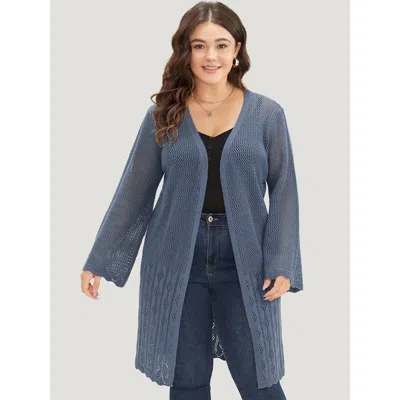 Bloomchic Women's Plus Size Solid Geometric Eyelet Open Front Cardigan Aegean Long Sleeve 14-16/1x In Blue