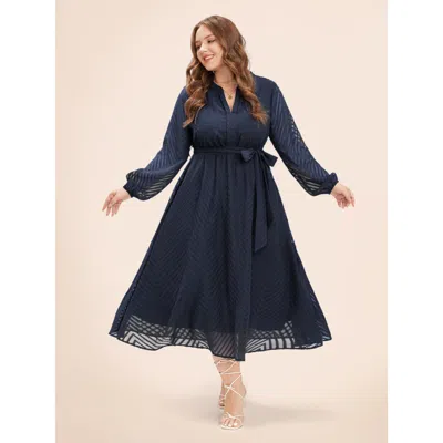 Bloomchic Women's Plus Size Solid Geometric Pocket Mesh Lantern Sleeve Belted Dress Navy Solid Midi Office Mes In Blue