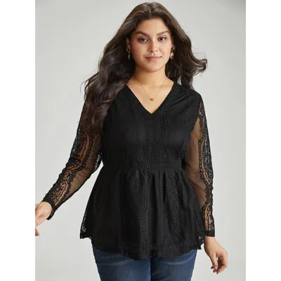 Bloomchic Women's Plus Size Solid Guipure Lace Mesh Elastic Waist Blouse Black Party Long Sleeve 30/6x