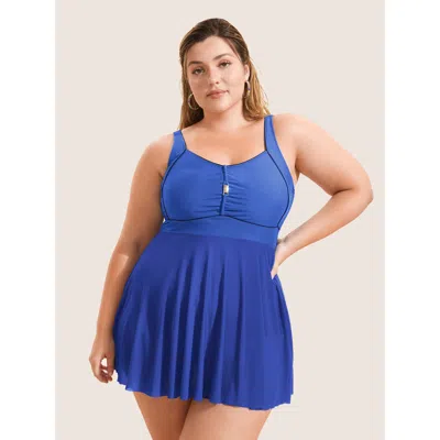 Bloomchic Women's Plus Size Solid Heart Neckline Gathered Dress Blue Non Gathered Adaptive-fit 10/m