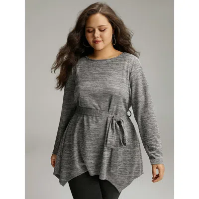 Bloomchic Women's Plus Size Solid Heather Belted Hanky Hem T-shirt Gray Long Sleeve Dailywear 14-16/1x