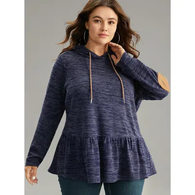 Bloomchic Women's Plus Size Solid Heather Hooded Flutter Hem Gathered Sweatshirt Darkblue Plain Dailywear 10/m In Blue