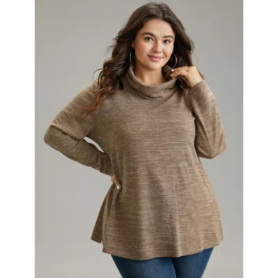 Bloomchic Women's Plus Size Solid Heather Turtleneck Knit T-shirt Lightbrown Long Sleeve Dailywear 12/l In Brown