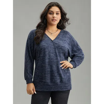 Bloomchic Women's Plus Size Solid Heather V Neck Sequin T-shirt Blue Everyday Long Sleeve 14-16/1x