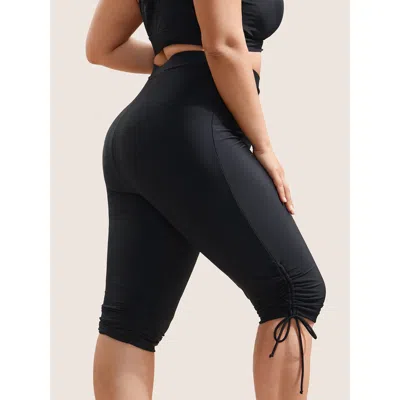 Bloomchic Women's Plus Size Solid High Rise Drawstring Side Swim Bottom Black Non Short Drawstring Fully Elast