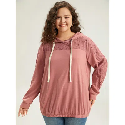 Bloomchic Women's Plus Size Solid Hooded Drawstring Broderie Anglaise Sweatshirt Rouge Plain Dailywear 12/l In Red