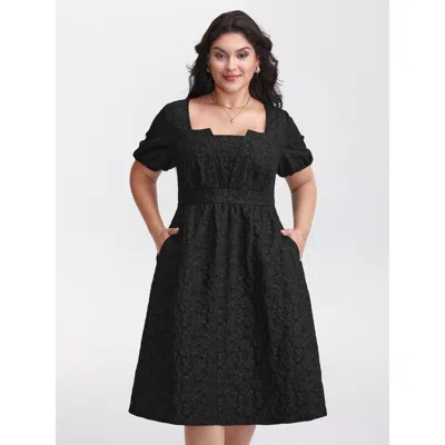 Bloomchic Women's Plus Size Solid Jacquard Puff Sleeve Midi Dress Black Solid Midi Elegant Wide Waistband 10/m