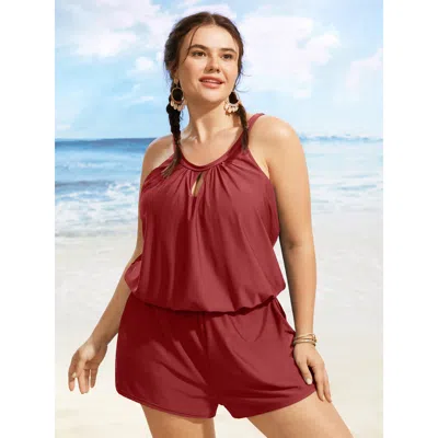 Bloomchic Women's Plus Size Solid Keyhole Elastic Waist Gathered One Piece Swimsuit Rust Solid Ruched Bust Sup In Brown