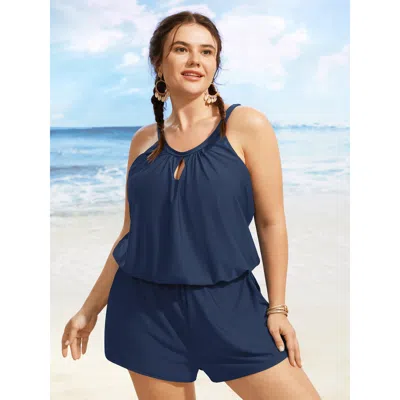 Bloomchic Women's Plus Size Solid Keyhole Elastic Waist Gathered One Piece Swimsuit Stone Solid Ruched Bust Su In Gray