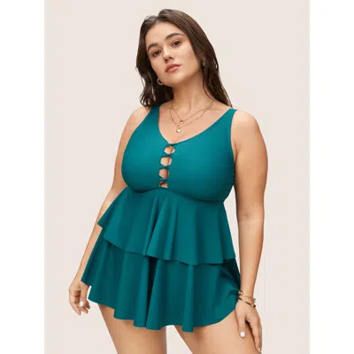 Bloomchic Women's Plus Size Solid Keyhole Tiered Ruffle Hem Swim Top Cyan Non Non 10/m In Blue