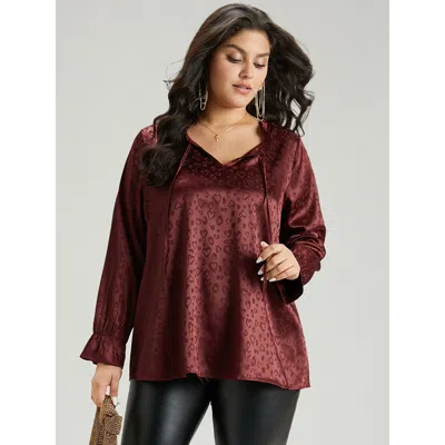 Bloomchic Women's Plus Size Solid Knot Neck Frill Trim Flutter Sleeve Blouse Scarlet Festival-christmas Long S In Red