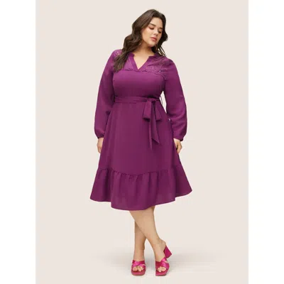 Bloomchic Women's Plus Size Solid Lace Panel Cut Out Belted Gathered Dress Purple Non Knee Everyday Non 10/m