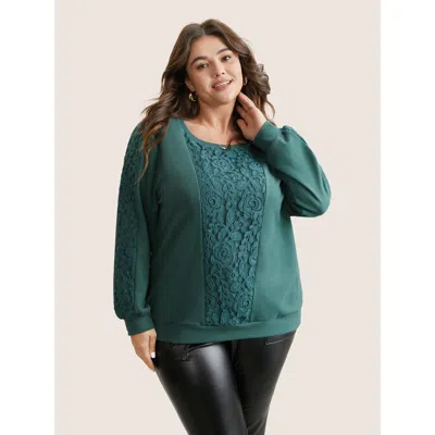 Bloomchic Women's Plus Size Solid Lace Patchwork Crew Neck Sweatshirt Cyan Plain Dailywear 14-16/1x In Blue