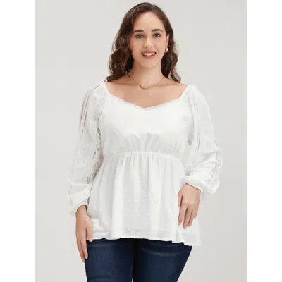 Bloomchic Women's Plus Size Solid Lace Patchwork Lantern Sleeve Blouse Whitesmoke Solid Dailywear Long Sleeve 