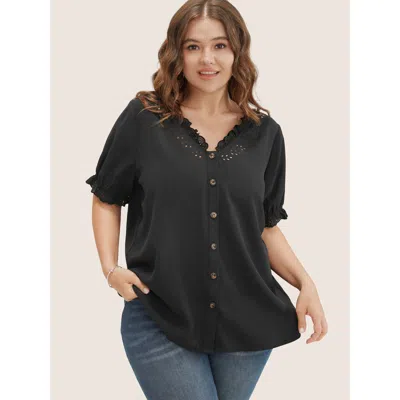 Bloomchic Women's Plus Size Solid Lace Trim Button Up Laser Cut Puff Sleeve Blouse Black Everyday Short Sleeve