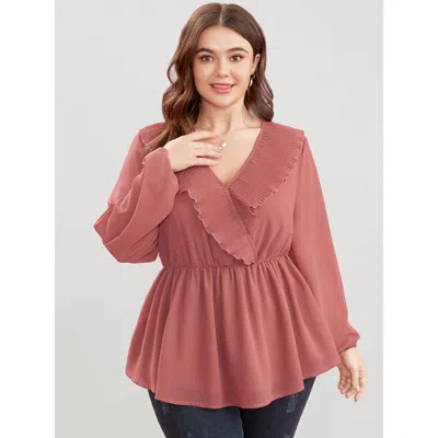 Bloomchic Women's Plus Size Solid Lantern Sleeve Pleated Ruffle Trim Wrap Blouse Dustypink Solid Dailywear Lon In Pink