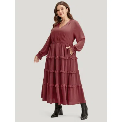 Bloomchic Women's Plus Size Solid Lantern Sleeve Pocket Ruffle Hem Dress Russet Solid Dailywear 10/m In Brown