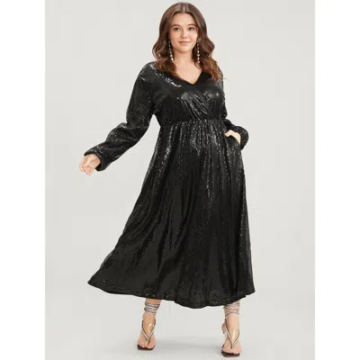 Bloomchic Women's Plus Size Solid Lantern Sleeve Pocket Wrap Sequin Maxi Dress Black Solid Going Out Elastic W