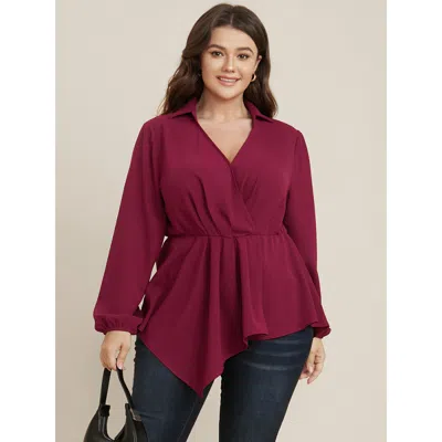 Bloomchic Women's Plus Size Solid Lantern Sleeve Surplice Neck Asymmetrical Hem Blouse Scarlet Solid Office Lo In Red