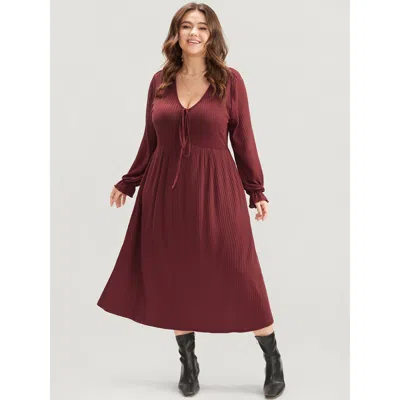 Bloomchic Women's Plus Size Solid Lantern Sleeve Tie Neck Pocket Rib Knit Dress Burgundy Solid Dailywear Pocke