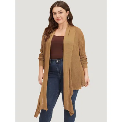 Bloomchic Women's Plus Size Solid Lapel Collar Patchwork Asymmetrical Hem Cardigan Bronze Long Sleeve 22-24/3x In Brown