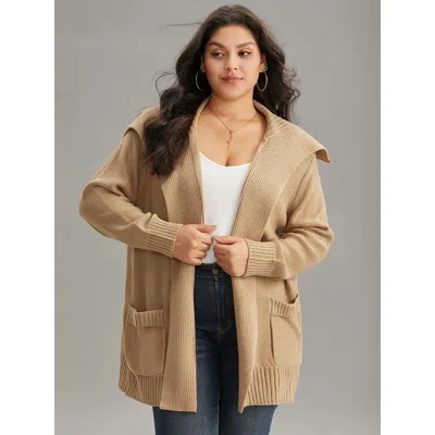 Bloomchic Women's Plus Size Solid Lapel Collar Pocket Open Front Cardigan Tan Long Sleeve 12/l In Brown