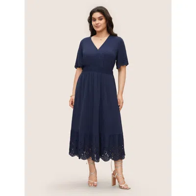 Bloomchic Women's Plus Size Solid Laser Cut Shirred Pocket Wrap Scalloped Trim Flutter Dress Navy Solid Midi E In Blue