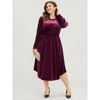 Bloomchic Women's Plus Size Solid Mesh Patchwork Pocket Velvet Arc Hem Dress Burgundy Solid Going Out See Thro