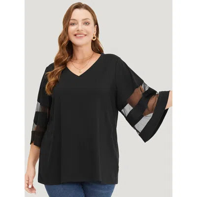Bloomchic Women's Plus Size Solid Mesh Patchwork V Neck T-shirt Black 3/4 Sleeve Dailywear 10/m