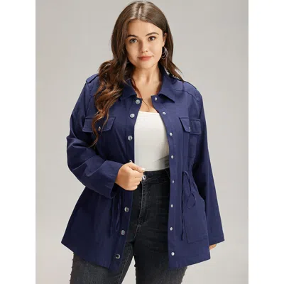 Bloomchic Women's Plus Size Solid Metal Detail Pocket Drawstring Coat Indigo Plain 10/m In Purple