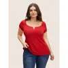 Bloomchic Women's Plus Size Solid Notched Collar Pit Strip T-shirt Brightred Solid Elegant Short Sleeve V-notc