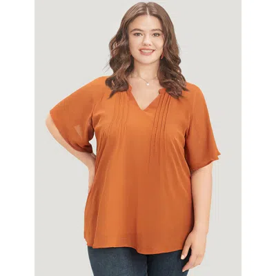 Bloomchic Women's Plus Size Solid Notched Pleated Mesh Raglan Sleeve Blouse Maroon Dailywear Short Sleeve 10/m In Burgundy