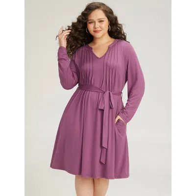 Bloomchic Women's Plus Size Solid Notched Pocket Pleated Belted Dress Purple Dailywear Plain 22-24/3x
