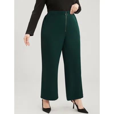 Bloomchic Women's Plus Size Solid O Ring Zipper Pocket Elastic Waist Wide Leg Pants Darkgreen Solid High Rise  In Green