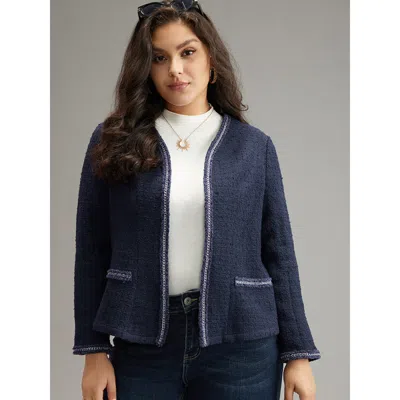Bloomchic Women's Plus Size Solid Open Front Patchwork Stitch Blazer Indigo Colorblock 10/m In Purple