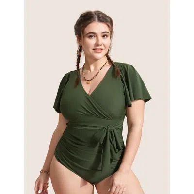 Bloomchic Women's Plus Size Solid Overlap Collar Ruffle Sleeve One Piece Swimsuit Armygreen Solid Ruched Tummy
