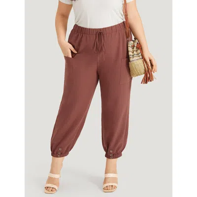 Bloomchic Women's Plus Size Solid Patched Pocket Bowknot Button Detail Pants Rust High Rise Dailywear 12/l In Brown