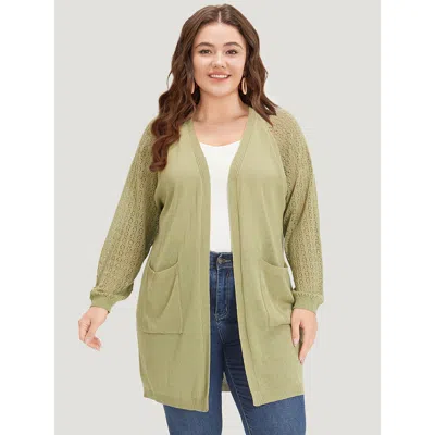 Bloomchic Women's Plus Size Solid Patched Pocket Geometric Eyelet Raglan Sleeve Cardigan Olive Long Sleeve 22- In Green